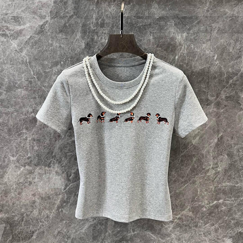 high quality in stock Jennie Same Style 25 Summer New Pearl Necklace Dachshund Short-sleeved T-shirt Women's Slim-fit Top T