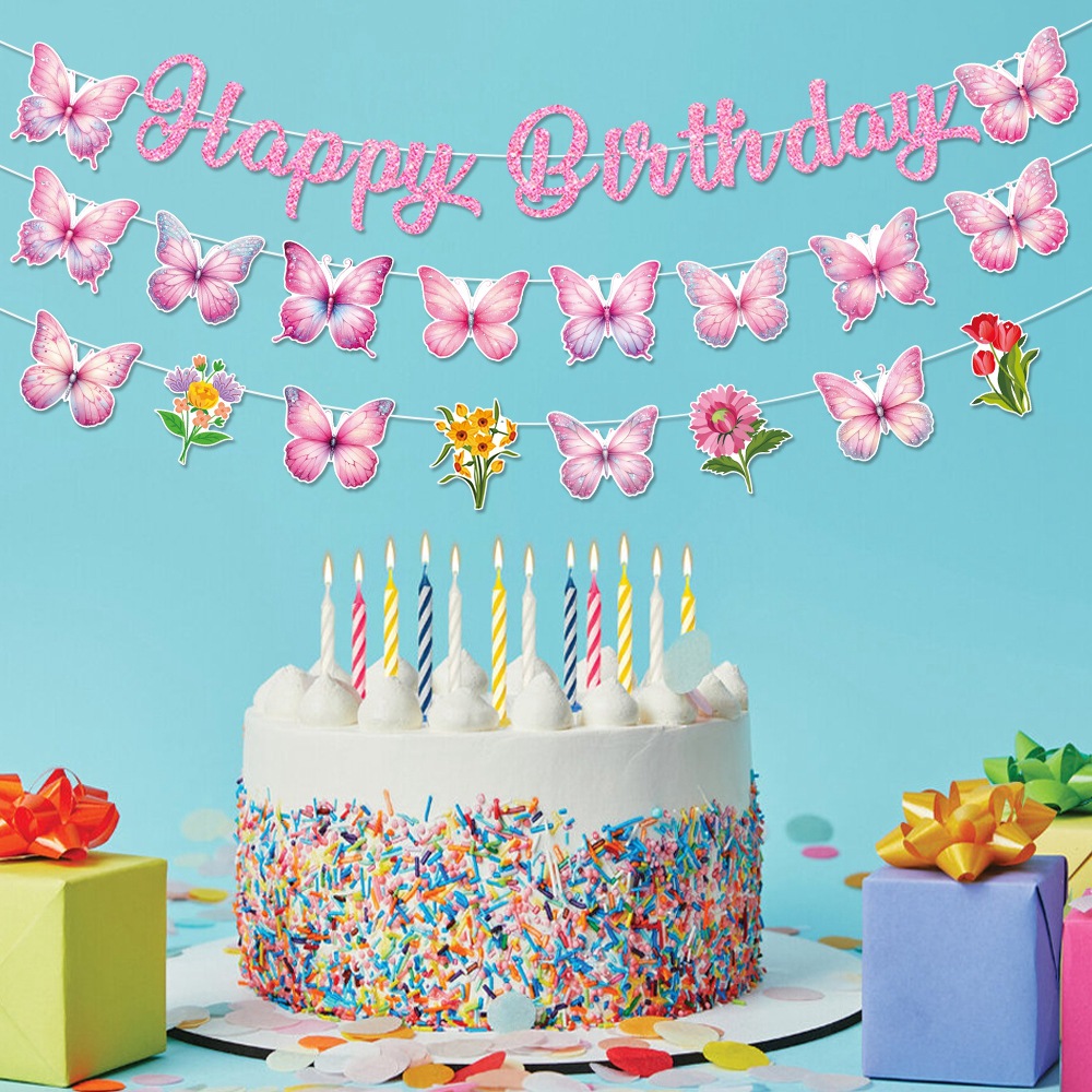 Nuevo tema mariposa cumpleaños tira banderas feliz cumpleaños tira banderas decoración de cumpleaños atmósfera diseño
