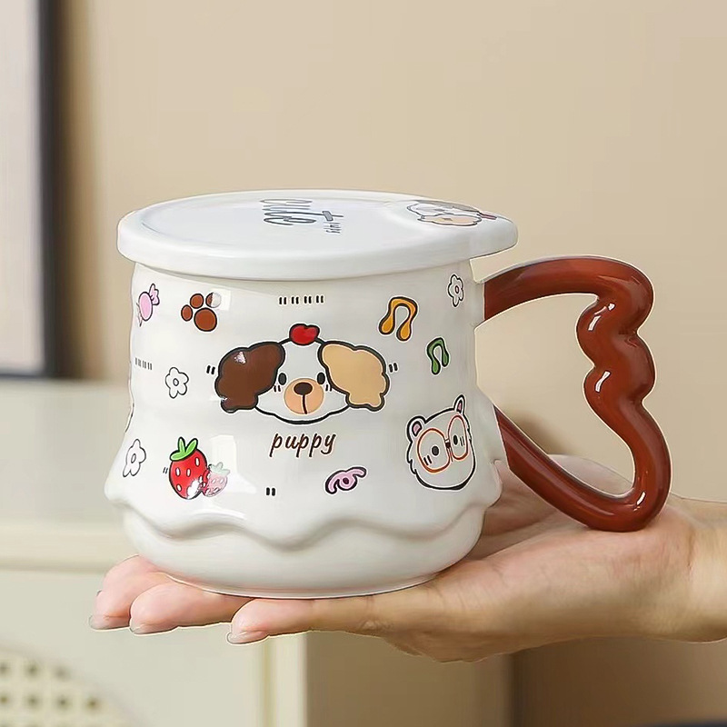 エンボスクリエイティブ漫画犬マグかわいい落書きホーム朝食カップ蓋付きオフィスウォーターカップセラミックカップ|undefined