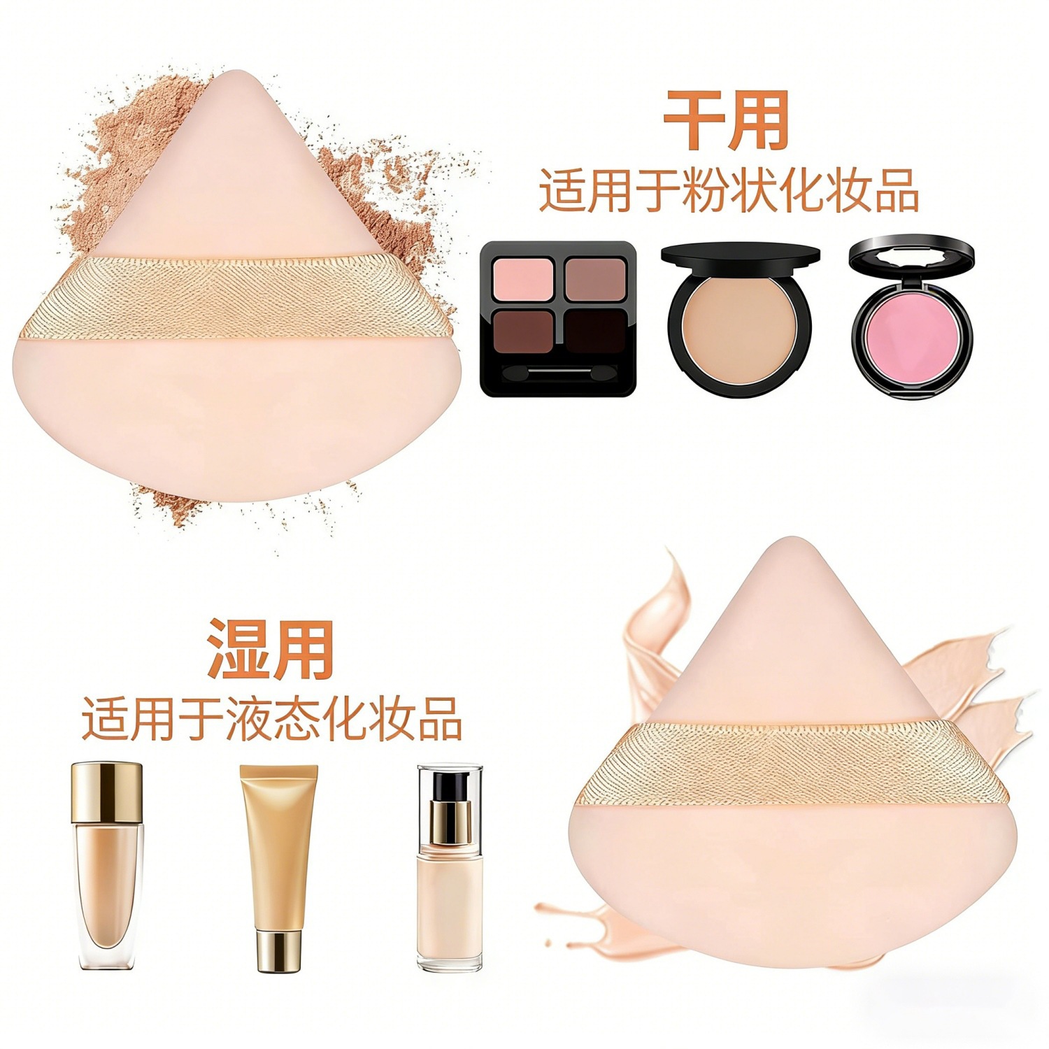 Brocha de Maquillaje Triangular de Doble Cara con Flocado, Herramienta de Belleza con Cojín de Aire, Polvo Suelto Fijador, Borla de Cristal Ultra Suave