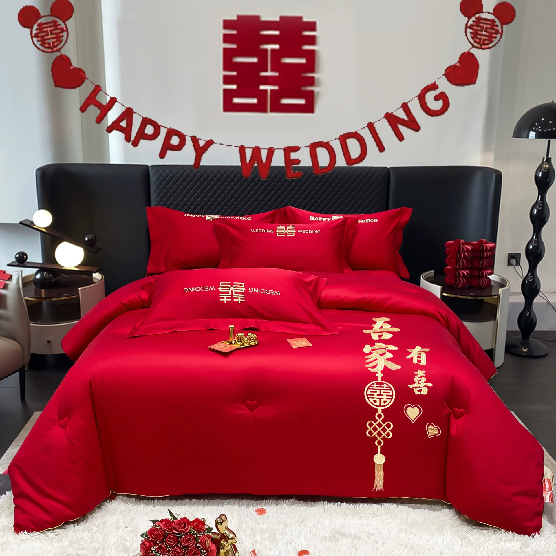 Свадебное вышитое одеяло из хлопка (соевого волокна) полного размера, ярко-красный наполнитель, зимнее свадебное приданье, утолщенное, оптом от производителя.