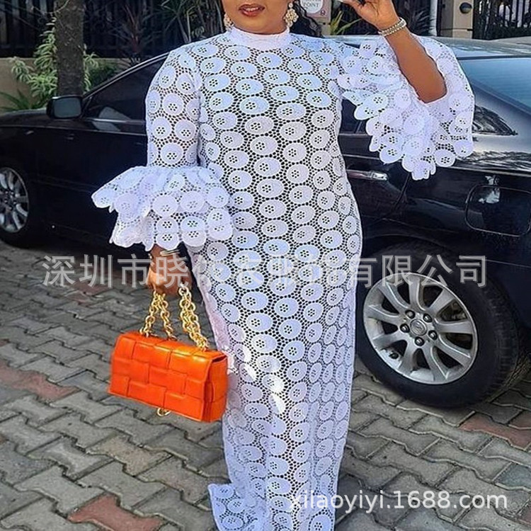 Amazon Cross-Border Trade European and American Style Commuter Plus-Size Women's Clothing Water-Soluble Lace Bell-Sleeve Dress Evening Dress