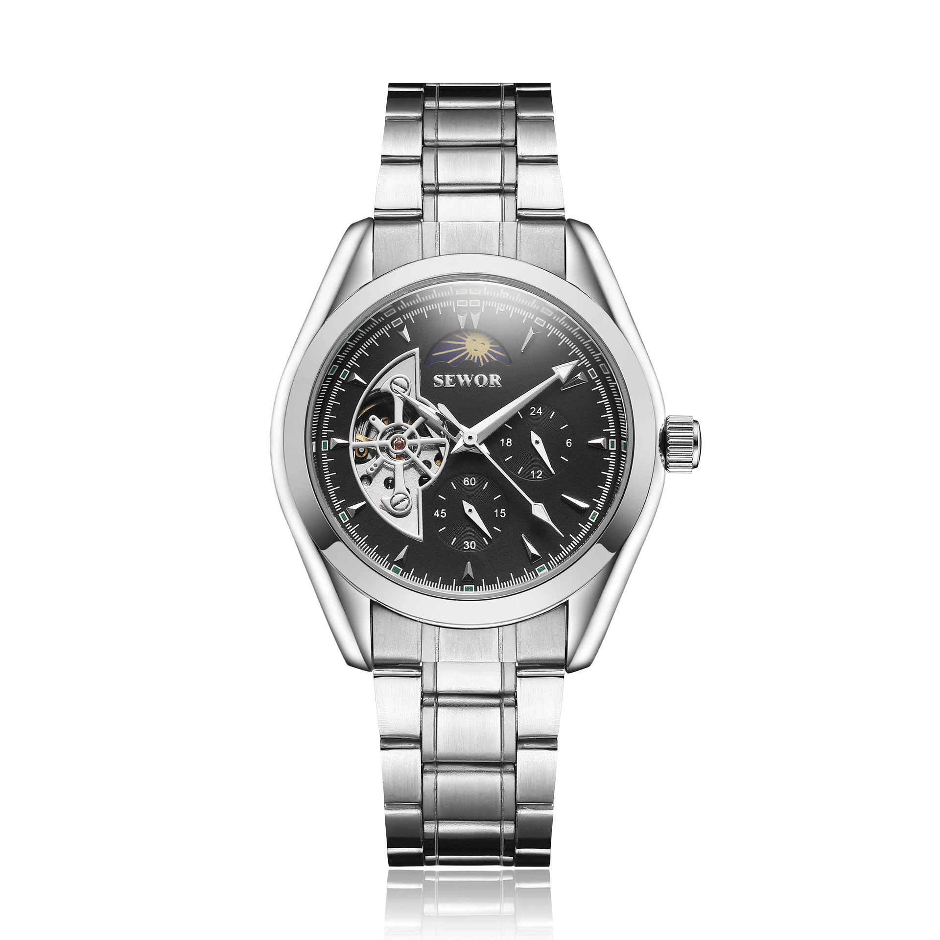 SEWOR reloj mecánico automático para hombre de aprendizaje diario Star Hollow personalidad multifuncional casual correa de acero reloj