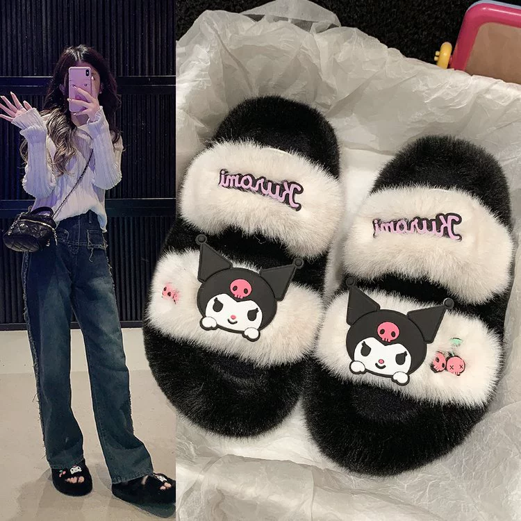Симпатичные мультяшные куми плюшевые тапочки женские снаружи носят 2024 осень и зима новый толстый дно дома в помещении теплый хлопок