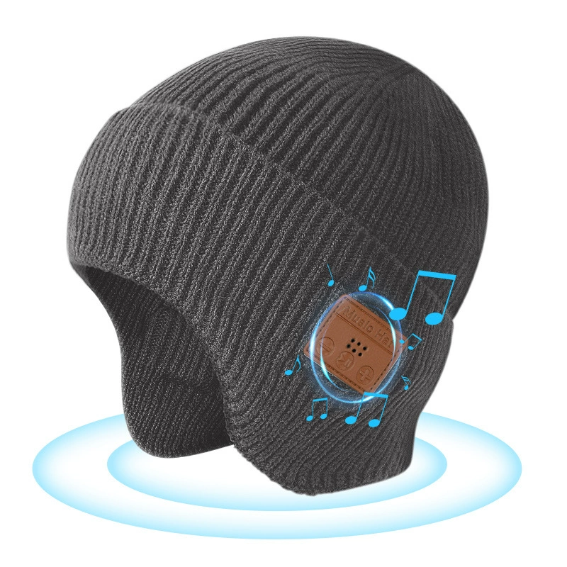 Bluetooth beanie hat with LED light and built‑in headphones, warm knit, lightweight