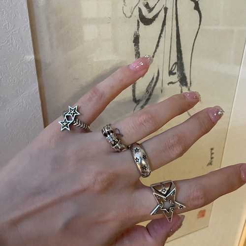 Vintage Retro Distressed Minority Personality Engraved Five-Pointed Star Silver-Plated Ring for Women, Instagram Style Open Adjustable Finger Ring