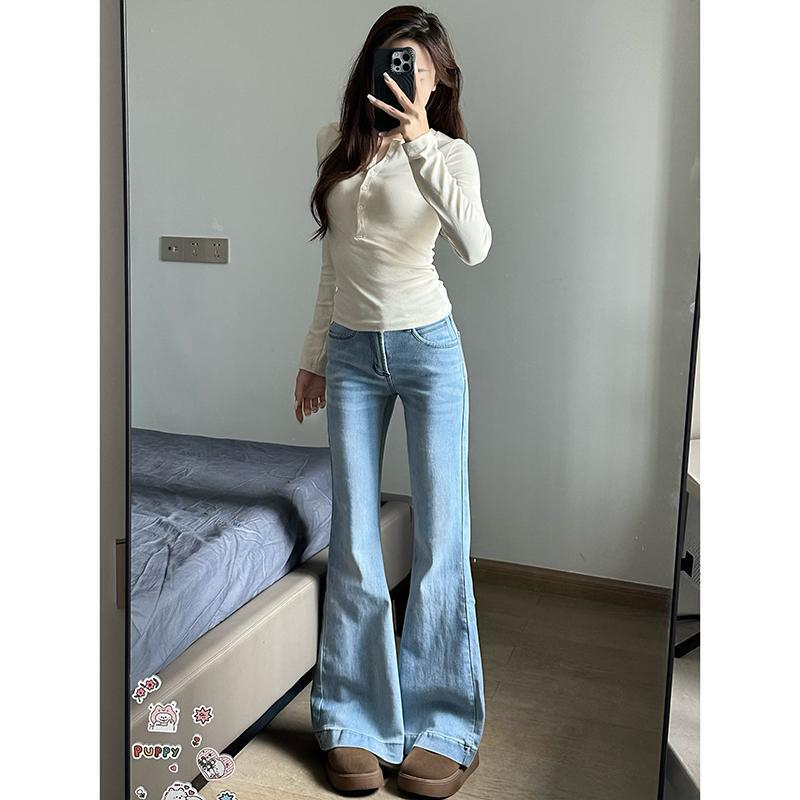 蓝灰色水洗微喇牛仔裤女中低腰2025秋季新款潮流修身显瘦喇叭长裤|undefined
