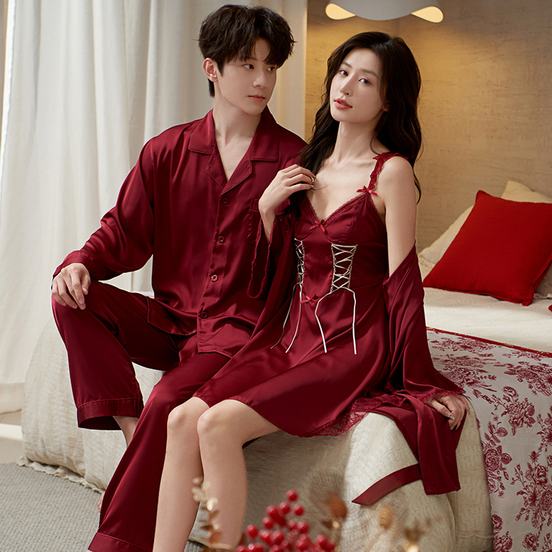 2025 년 봄과 가을 잠옷 아이스 실크 여성의 긴 소매 섹시한 레이스 슬링 나이트 가운 아침 가운 남자 홈 의류 세트