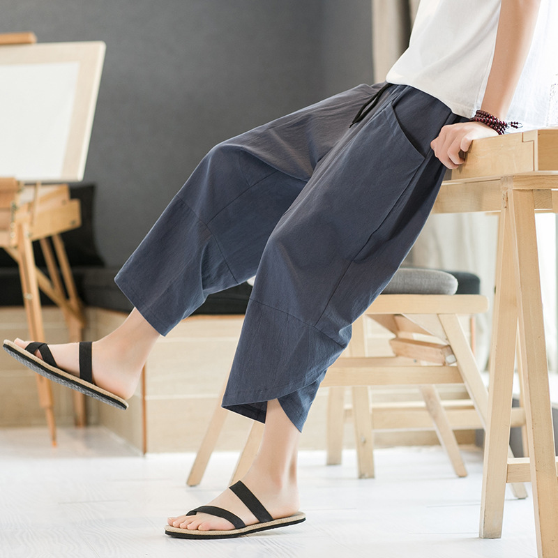 Cotton and Linen Eight-point Pants Men's Summer Thin plus size Loose Casual Linen Pants Fashionable Fat Man Ankle-point Pants Men's Hugh