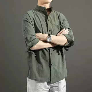 七分袖衬衫男女同款亚麻中国风宽松短袖衬衣立领潮流痞帅夏季寸衫