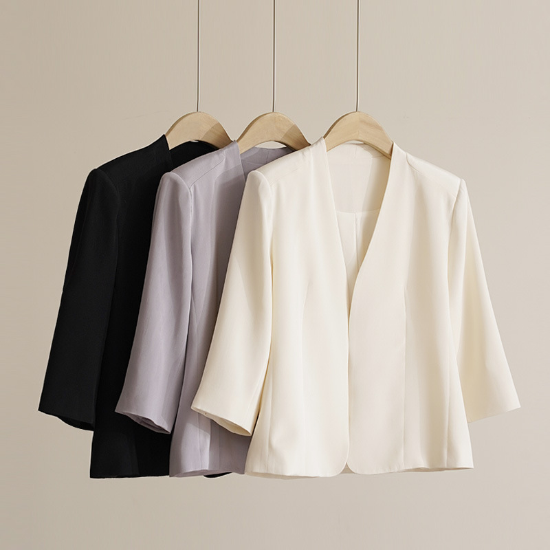 Italian Gard High-end Elegant Commuter 30 Mm Heavy Crepe Mulberry Silk Seven-sleeve V-neck Suit Jacket for Women