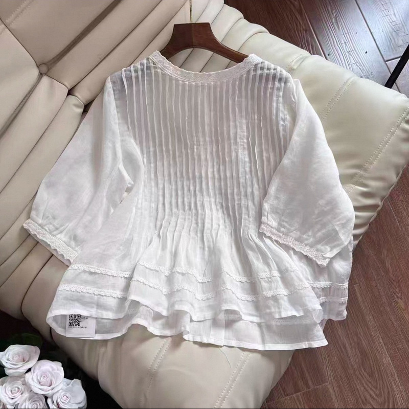 White Pleated Lace-Trimmed Three-Quarter Sleeve Top for Women, New Summer Style, Casual, Lazy Style, Loose, Slimming, Elegant Shirt