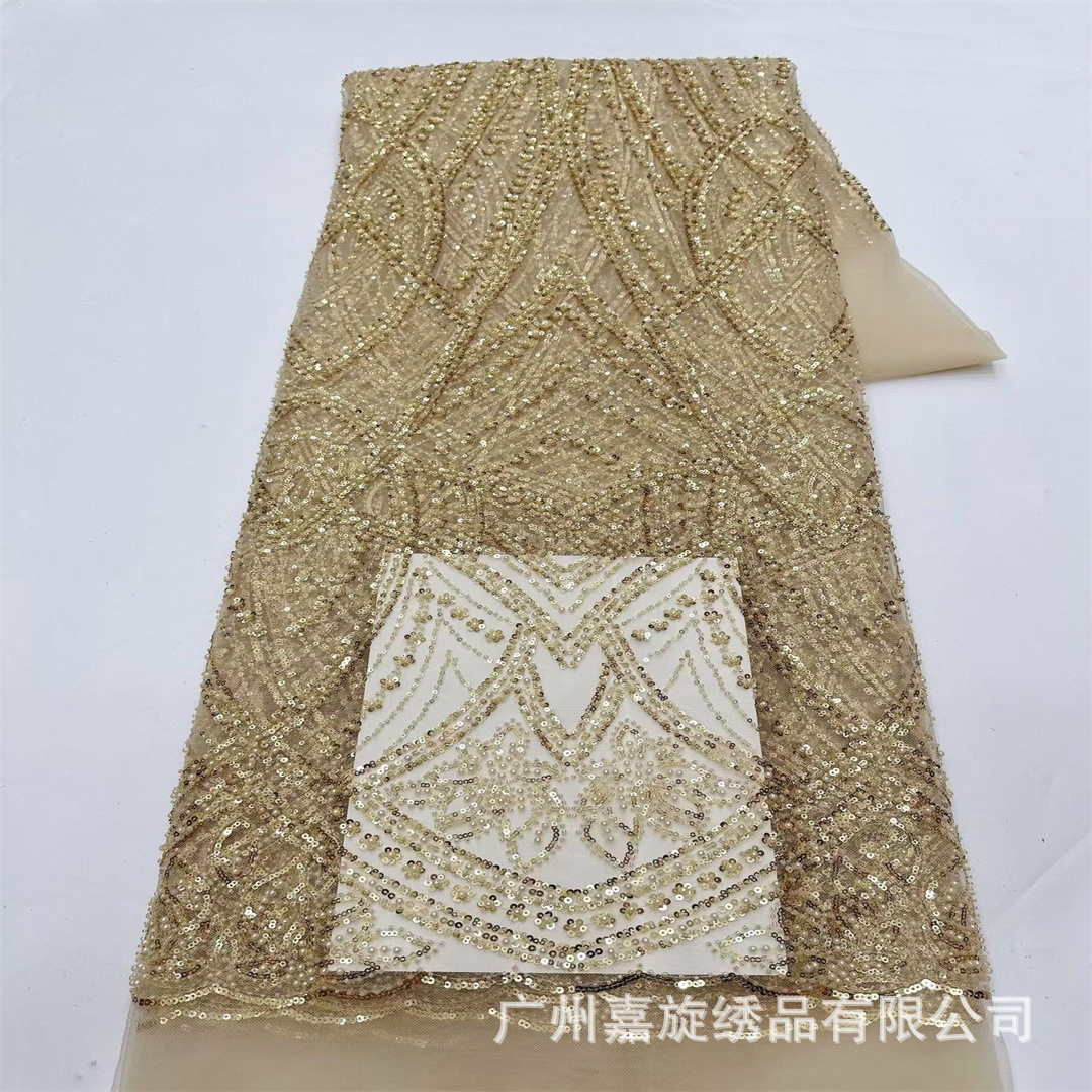 Tela de encaje con cuentas y rayas cruzadas, con bordado de cuentas brillantes y lentejuelas para vestidos de novia, vestidos de noche y vestidos. Encaje. image 8