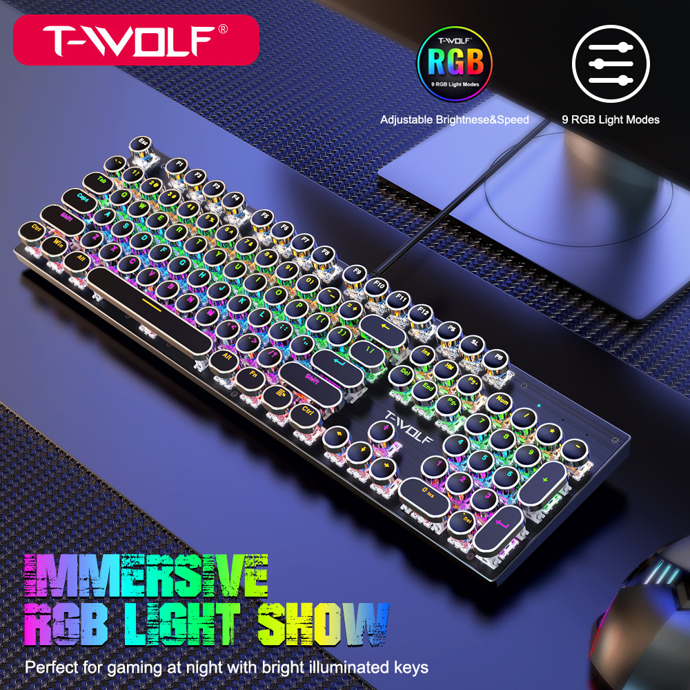 Thunderwolf T75 echter mechanischer, kabelgebundener Computer, leuchtendes Esportspiel, Punk-Runde-Tastatur_voghion.com