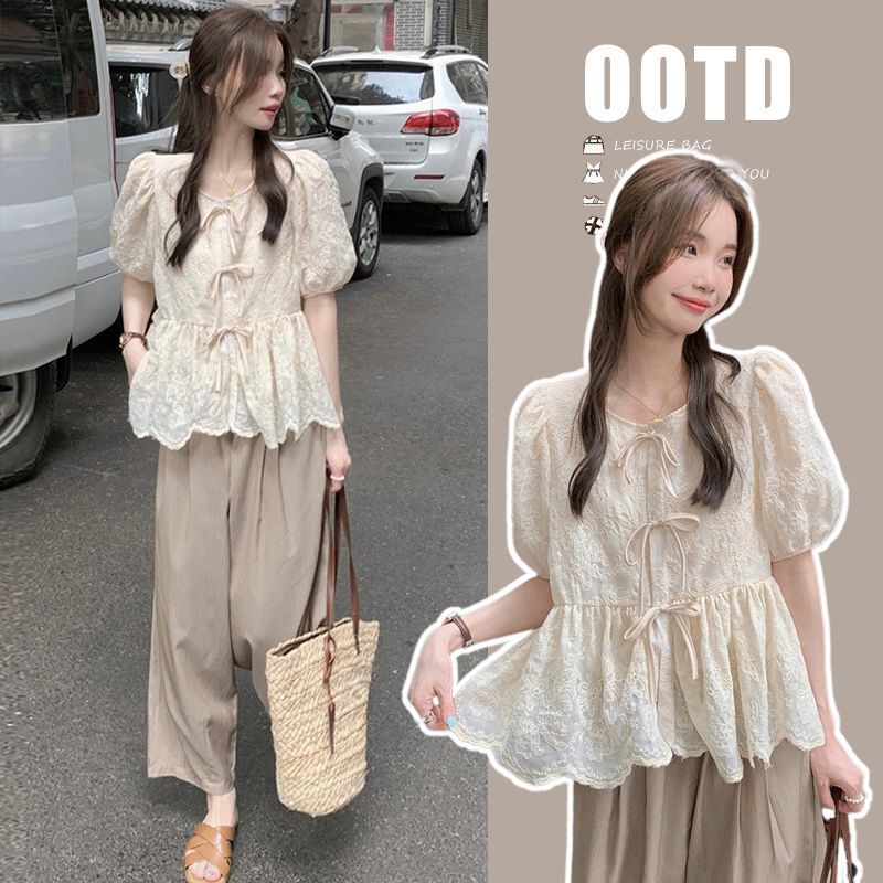 Maternity Summer Lace Top 2026 New Style Set Fashionable Stylish Wide-Leg Pants Summer Two-Piece Set Maternity Summer Lace Top 2026 New Style Set Fashionable Stylish Wide-Leg Pants Summer Two-Piece Set