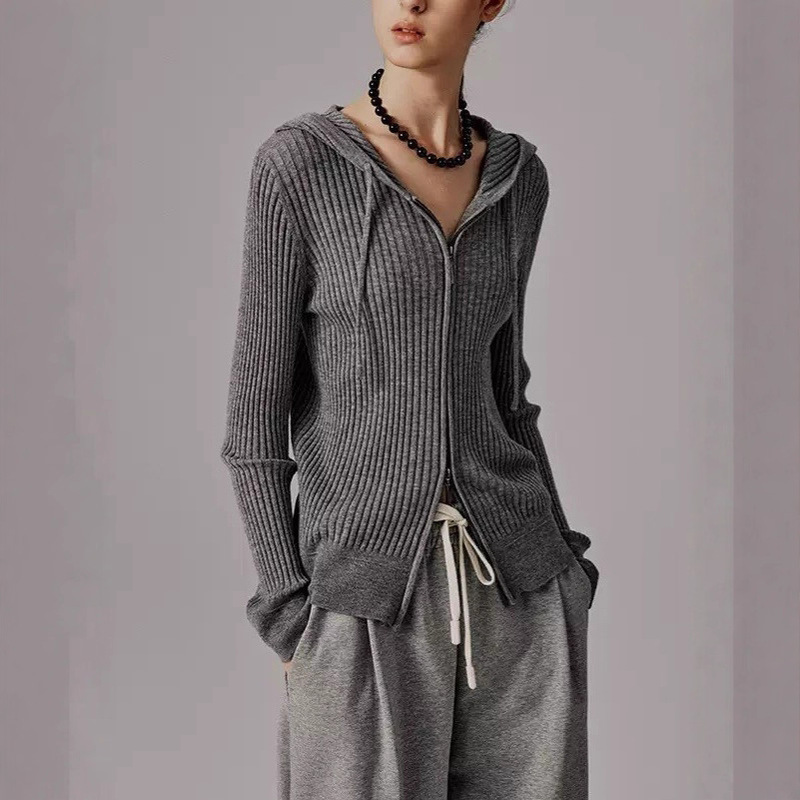 Marryher 80-Count 16-Needle Fine Wool Knitted Top Zipper Hooded Double-Ended Zipper Cardigan for Women