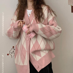 日本の学院の風の菱の形のゆったりしたセーターの女性のコートは甘くて清新で、色にぶつかってやせています。