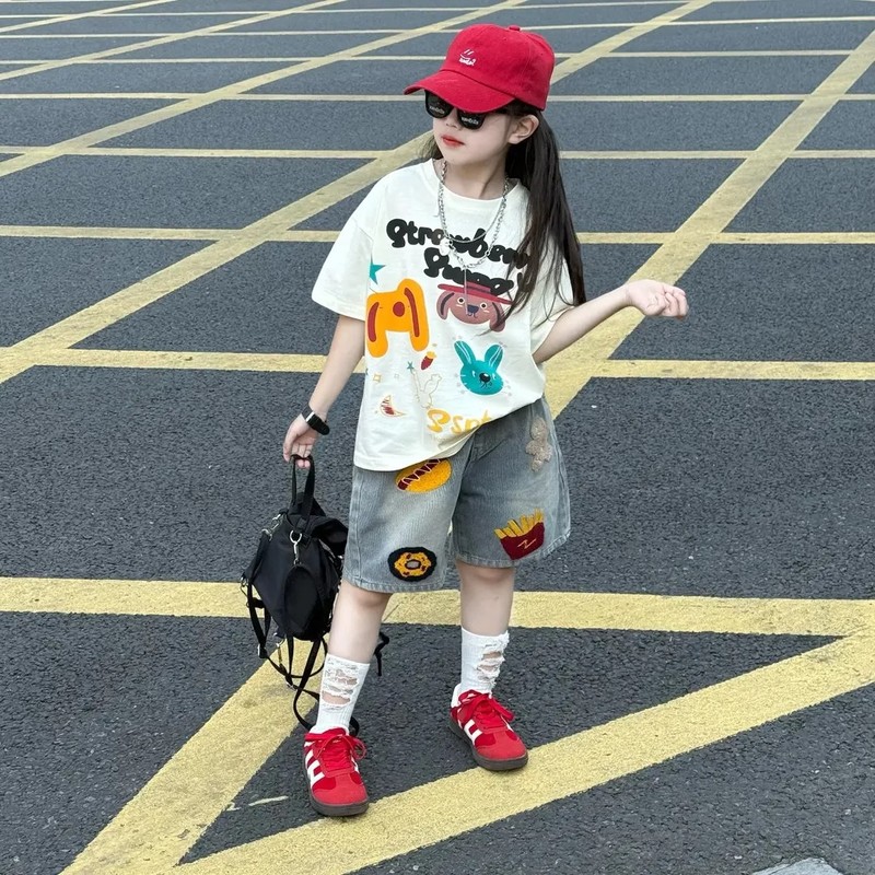 ガールズサマーストリートスーツ2025新作ガールズルーズ漫画半袖Tシャツデニムパンツ2点セットトレンド8|undefined