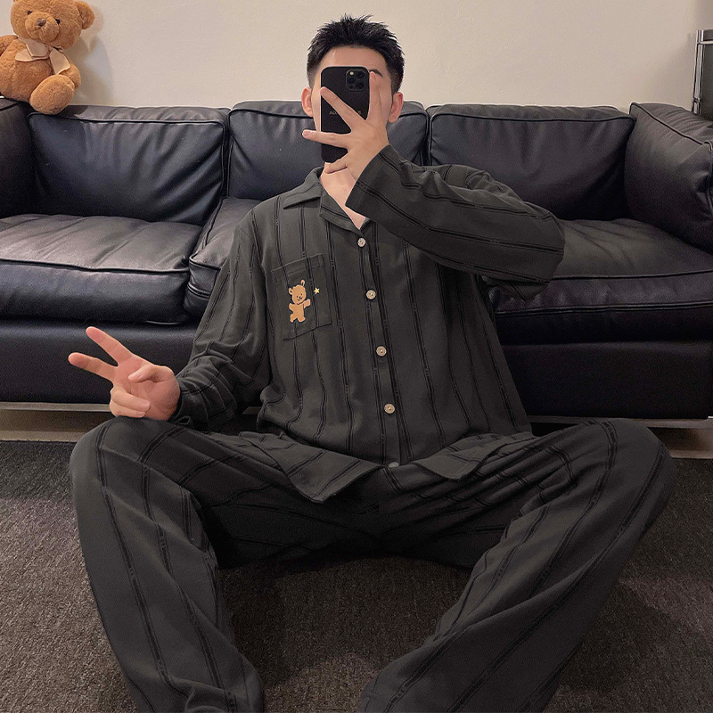 Pajamas for Men, Spring and Autum Long-Sleeved Pants, Thin Large Size Casual Cartoon Autum and Winter Home Clothes Suits That Can Be Worn Outside