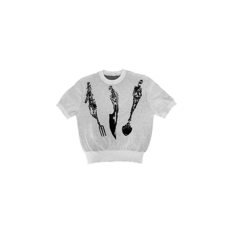 Wanna Lab 25Ss Skull Knife, Fork and Spoon Jacquard Pattern Right Shoulder Sweater Skin-Friendly Knitted Short-Sleeved Men's and Women's T-Shirt