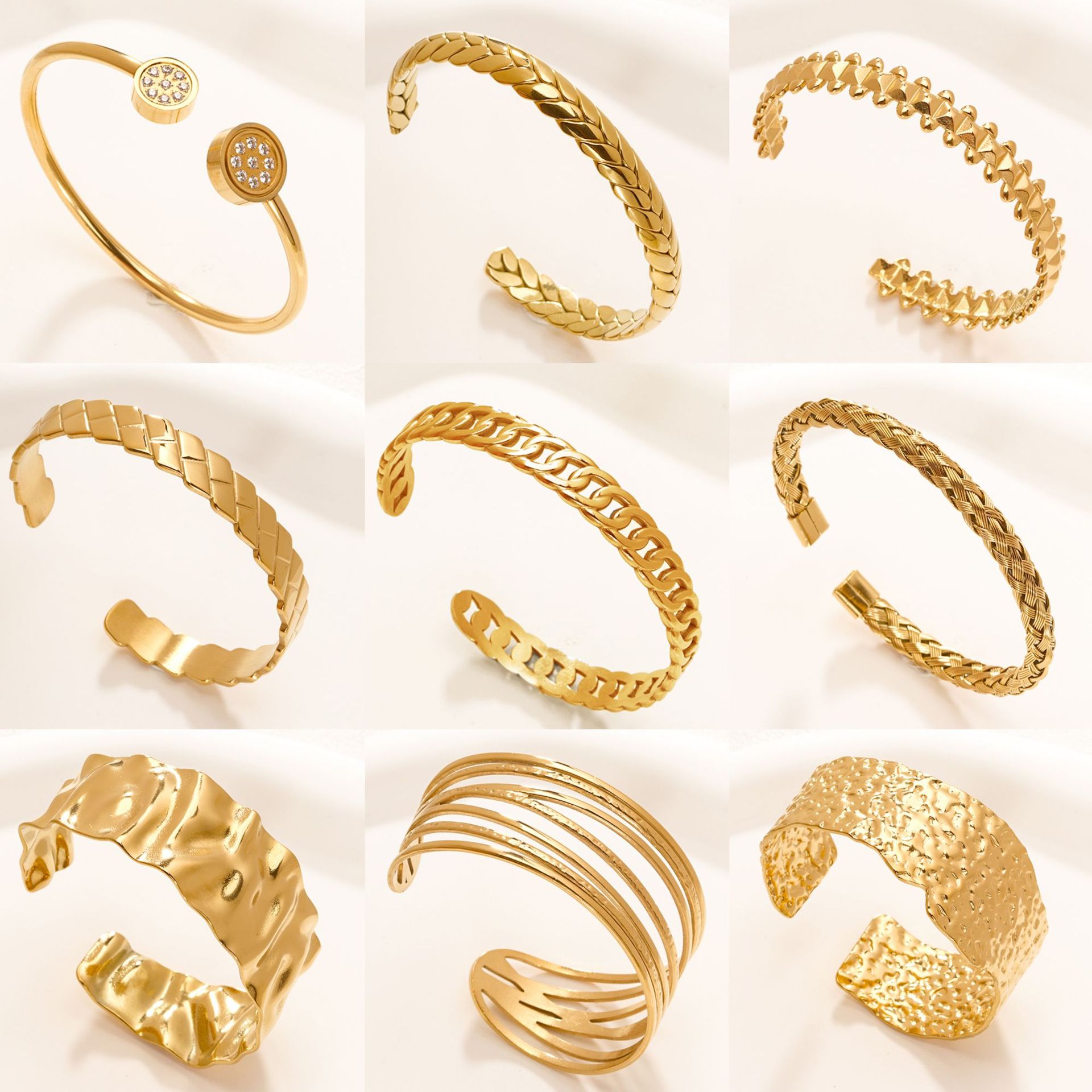 Fábrica en stock al por mayor de Europa y América transfronteriza de acero inoxidable en forma de C pulsera abierta ajustable chapado en oro 18K personalidad no se desvanece