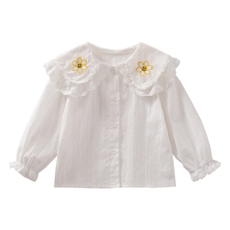 Camisa de encaje con solapa para niña, primavera y otoño 2025, nueva ropa infantil, blusas para bebé, camisa blanca de algodón para niña