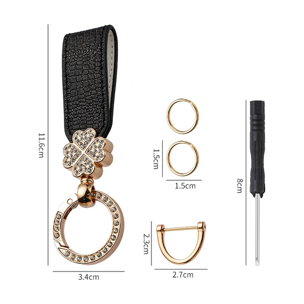 Black keychain, crocodile print, four-leaf clover