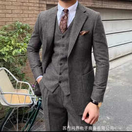秋冬款重磅复古人字纹修身男西服套装绅士三件套西装帅气新款西装