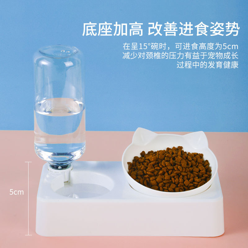 Fábrica puede personalizar el cuello inclinado blanco 3 piezas set gatos tazón botella de agua rectangular doble tazón alimentador de agua tazón perro