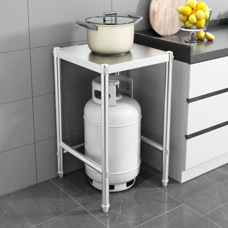 Single-layer gas tank rack, kitchen stainless steel shelving unit, square-shaped single gas stove with double burner, household storage stand.