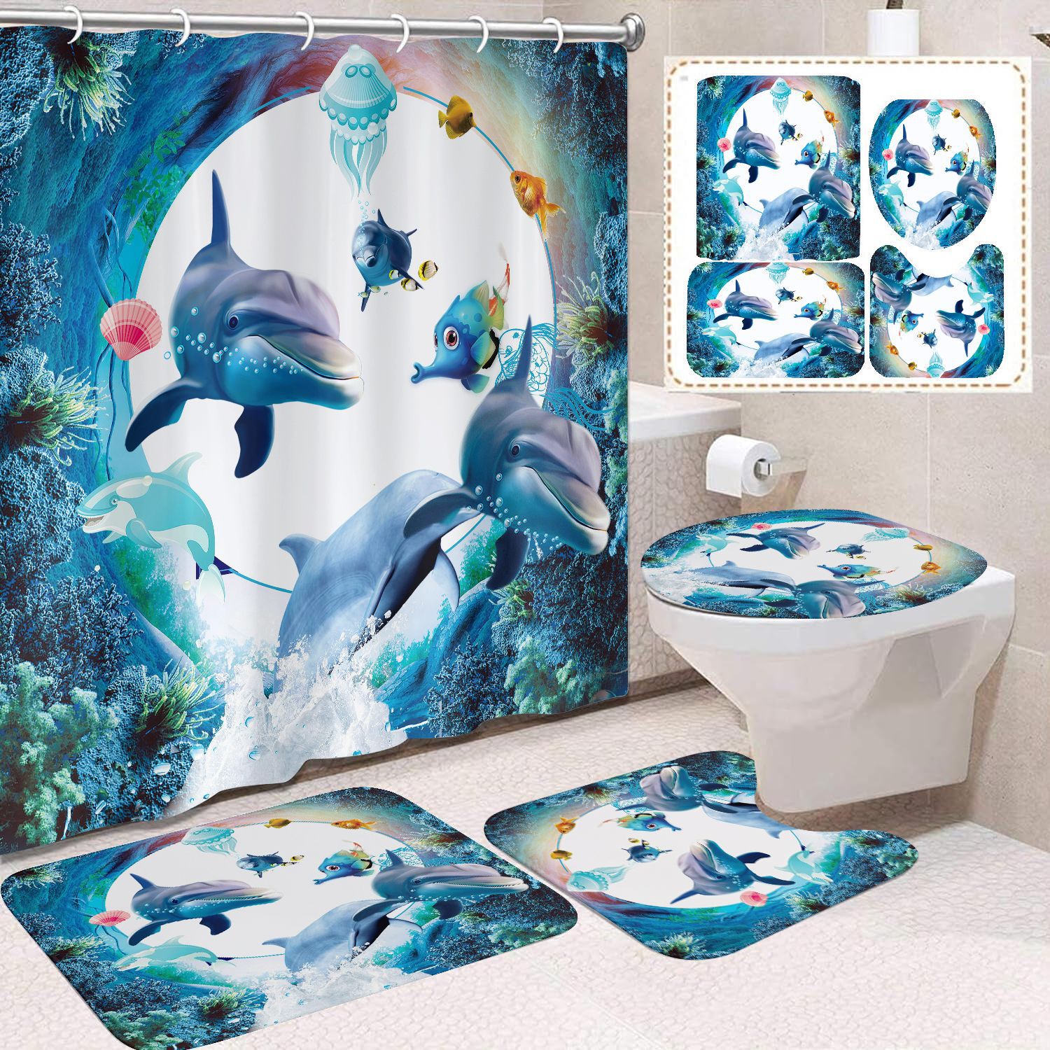 Cortina de ducha transfronteriza con diseño de delfines azules, estampada digitalmente, de poliéster, sin perforaciones, para baño, decoración del hogar image 40