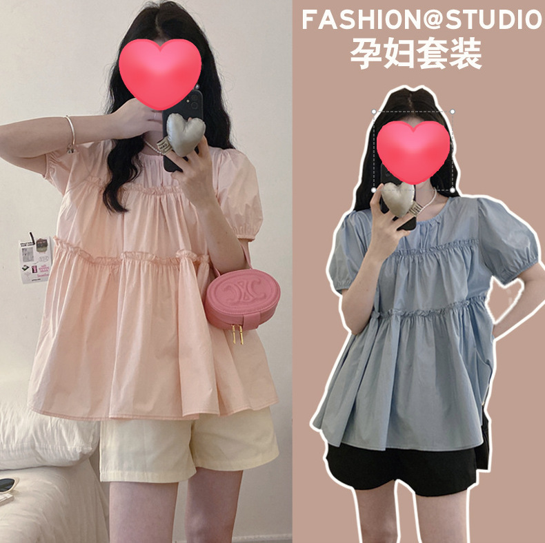 Pregnant women suit summer sweet loose belly covering doll shirt French puff sleeve shirt Korean style shirt + shorts