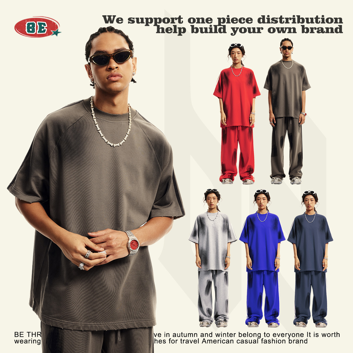 BE men's clothing 25 spring and summer Paris mud dyed retro teen short-sleeved men's neutral school lazy style loose t-shirt men
