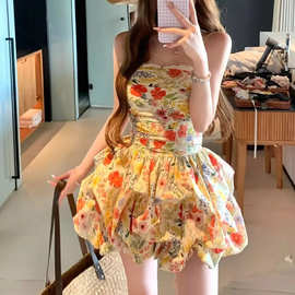 法式绝美碎花公主抹胸吊带短裙夏季新款绝美掐腰花苞裙精致连衣裙