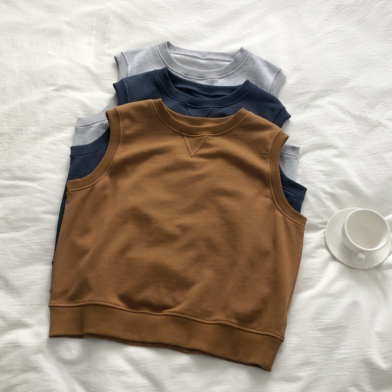 Stacked Good Wearing Retro Stylish Solid Color Loose All-match Cotton Terry Sleeveless Vest Women's Round Neck Vest Spring and Autumn