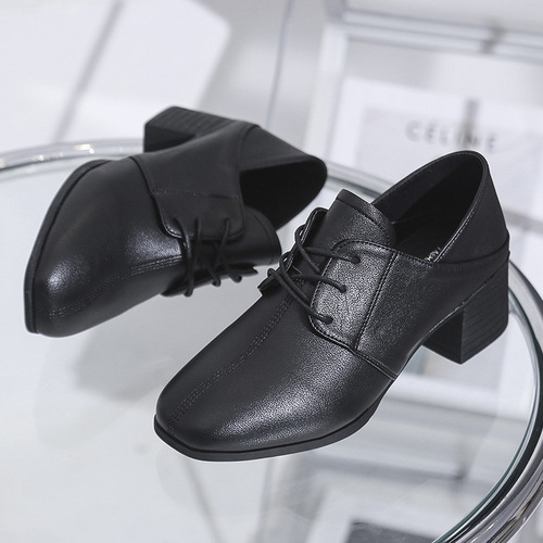 Pigskin Women's Spring and Summer Retro British Style Slip-on Work Shoes with Soft Sole Laces Fashion Sneakers