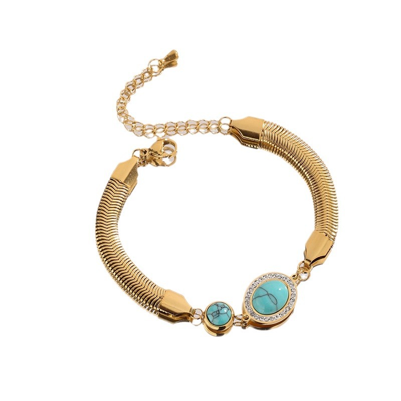 Pulsera de acero de titanio de estilo europeo y americano turquesa con diamantes incrustados ronda ovalada Árbol de la vida ojos amplia serpiente hueso redondo marca serie pulsera