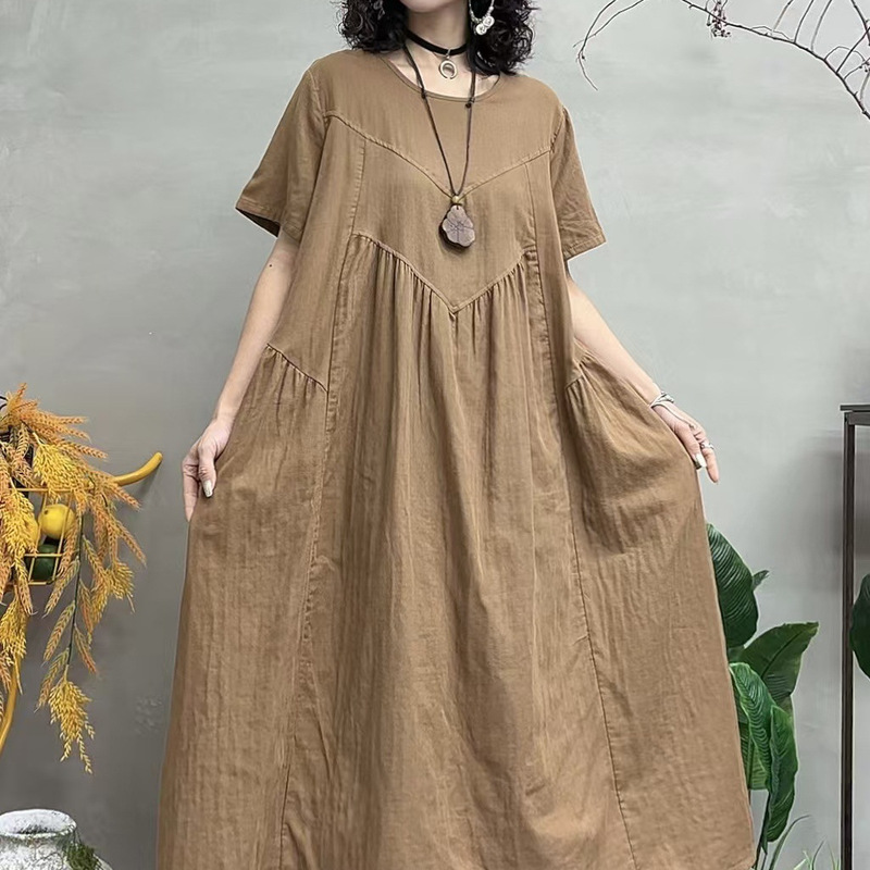 2025 Summer Solid Color Double Layer Gauze Long Dress for Women, Short Sleeve, Spliced, Inverted Triangle Hem, Women's Dress 2025 Summer Solid Color Double Layer Gauze Long Dress for Women, Short Sleeve, Spliced, Inverted Triangle Hem, Women's Dress