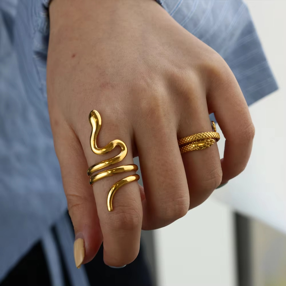 6g Weight 0.03µm Gold Plating Thickness PVD Coated Gold Plating Process 18K Real Gold Plated Plating Material Zircon Inlay Material Open Rings Classification 1 Piece Quantity Daily Occasion 304 Stainless Steel Material Snake Pattern All Seasons Season Unisex Gender Glam, Hip-Hop, Exaggerated Style Plating, Hypoallergenic Craft Glam Hip-Hop Exaggerated Snake 304 Stainless Steel Copper Plating Unisex Open Rings 1