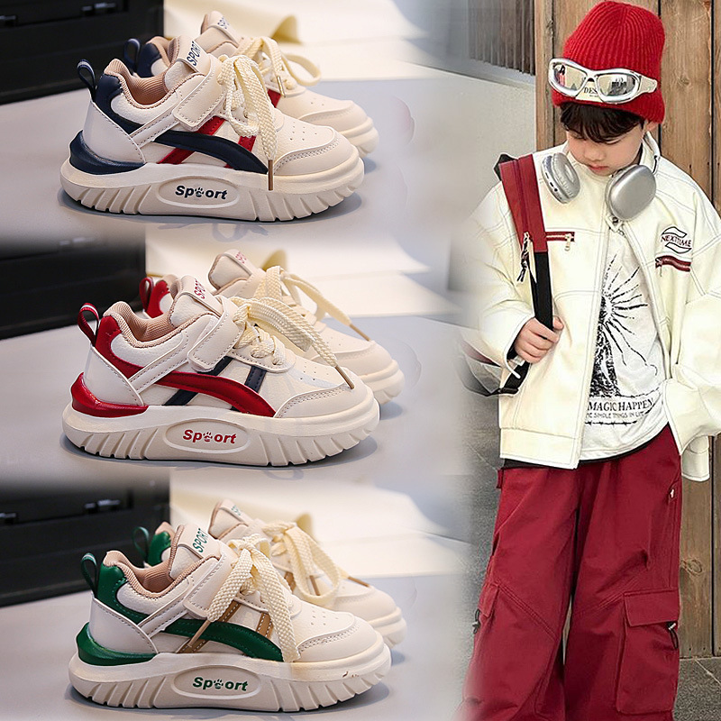 儿童开学季学院风女运动鞋2025年秋季男童中小童休闲鞋皮面跑步鞋