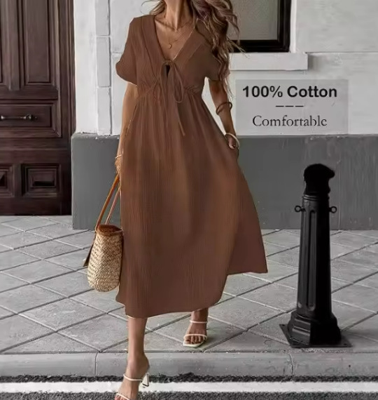 Elegant V-Neck Flowy Midi Dress - Soft Cotton Summer Dress For Women, Comfortable Loose Fit Casual & Office Wear (Available In 8 Colors)_ecoleips.com