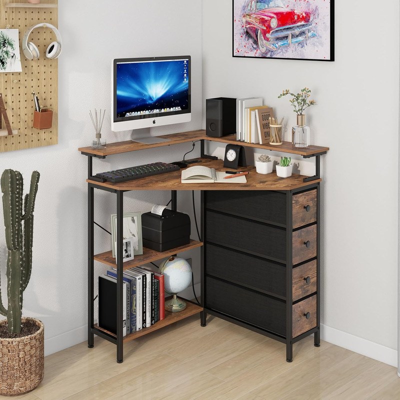 Corner Desk with Drawers and Shelf Suitable for Small Spaces Use Corner Computer Desk with Led Light