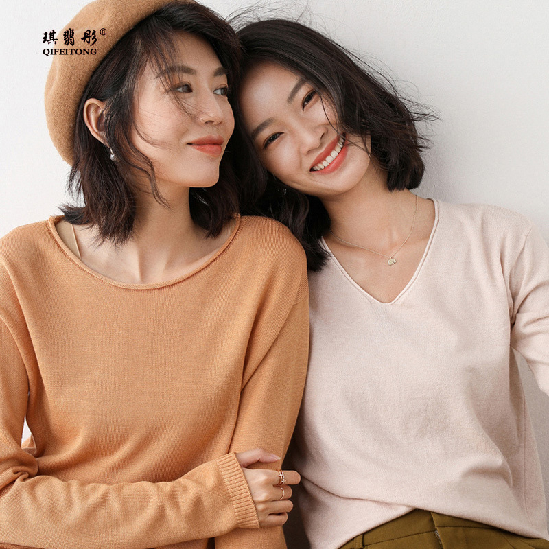 Wool Blend 2026 Spring New Women's Round V-Neck Loose Short Pullover Top Knit Sweater