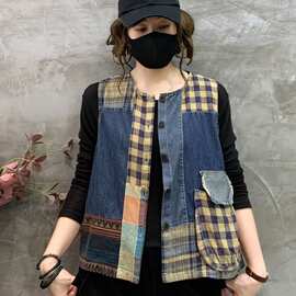 春装牛仔开衫马甲女 休闲格子拼接无袖复古显瘦宽松外搭女背心