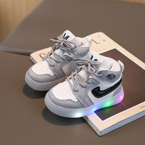 Spring and Autumn children's sneakers high-top girls' mesh casual shoes boys' sports shoes 1-6 years old baby LED light shoes