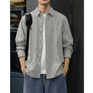 秋季高级拼接牛津布长袖衬衫男2026男士休闲秋冬美式条纹衬衣外套