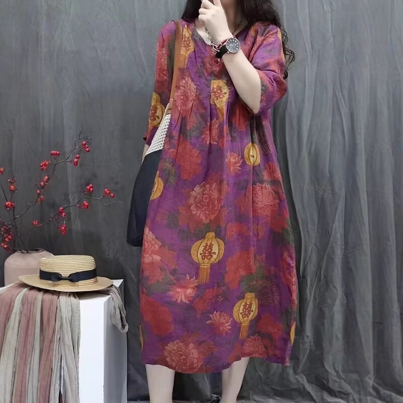2025 Spring Digital Print Long Dress with Ramie Floral Pattern, Large Hem, Women's Country Style Three-Quarter Sleeve Long Dress