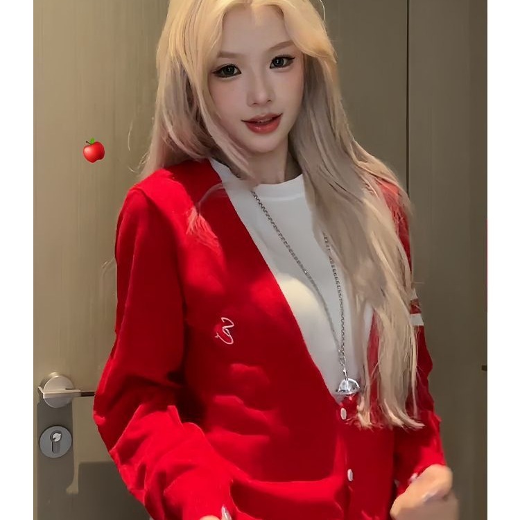 学院风假两件韩系针织开衫女秋季外套大v领红色毛衣宽松慵懒上衣