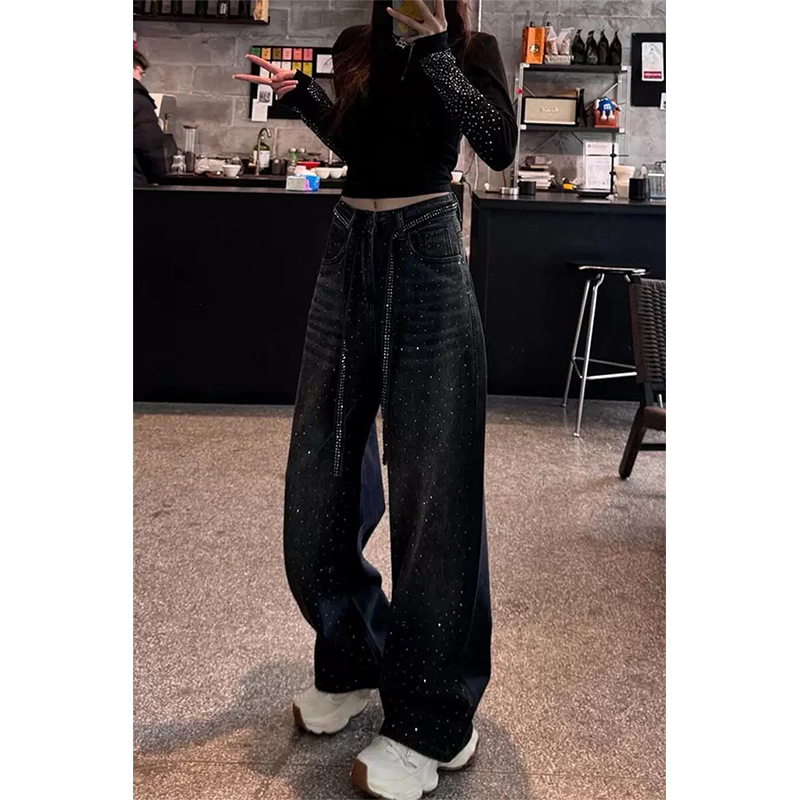 Jeans Hot Diamond con lacci di grandi dimensioni per donna 2025, nuovi pantaloni lunghi eleganti e dritti a gamba larga per ragazze grasse di grandi dimensioni_voghion.com