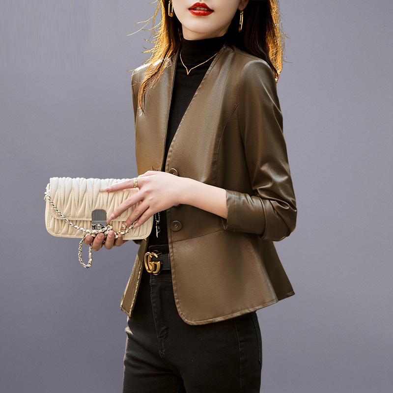High-End Leather Jacket for Women, Spring and Autumn 2026 New Style, Short Slim-Fit Pu Blazer for Petite Figures